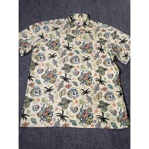 Yiume Shirt Mens 2XL Beige Hawaiian Skull Palm Tree Aloha Button Up Tropical